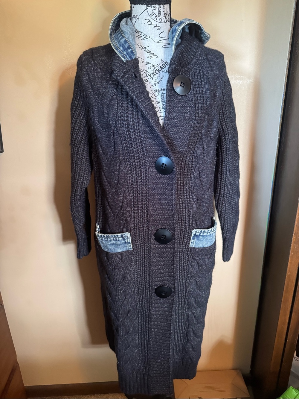 Long Cable Knit Button Cardigan with Denim Trim